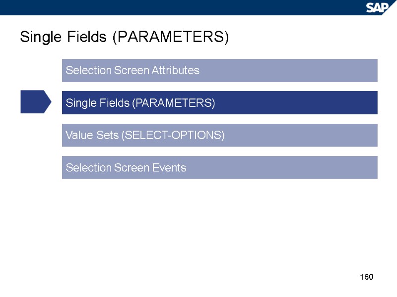 160 Single Fields (PARAMETERS) Selection Screen Attributes Single Fields (PARAMETERS) Value Sets (SELECT-OPTIONS) Selection